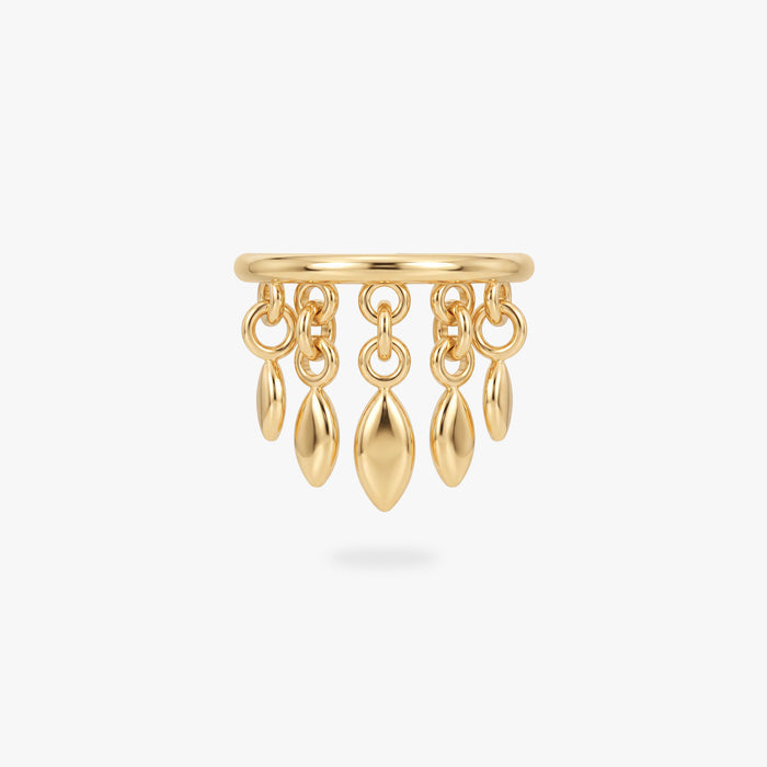This image shows a titanium 14k gold plated clicker with 5 solid fringe dangles