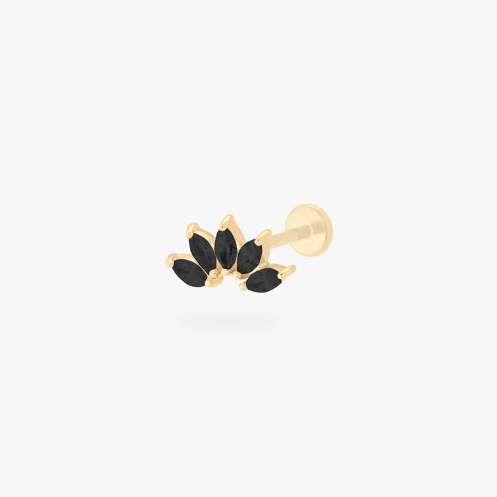 This is an image of a 14k gold flatback with a crown marquise cz setting and black cz stone.
