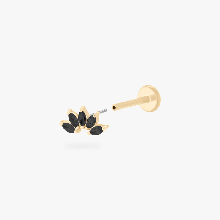 This is an image of a 14k gold flatback with a crown marquise cz setting and black cz stone separated from labret