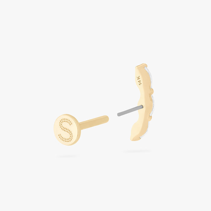 This is an image of a 14k gold flatback stud with 3 clear, pear-shaped cz's in a curved line. color:null|14k gold/clear