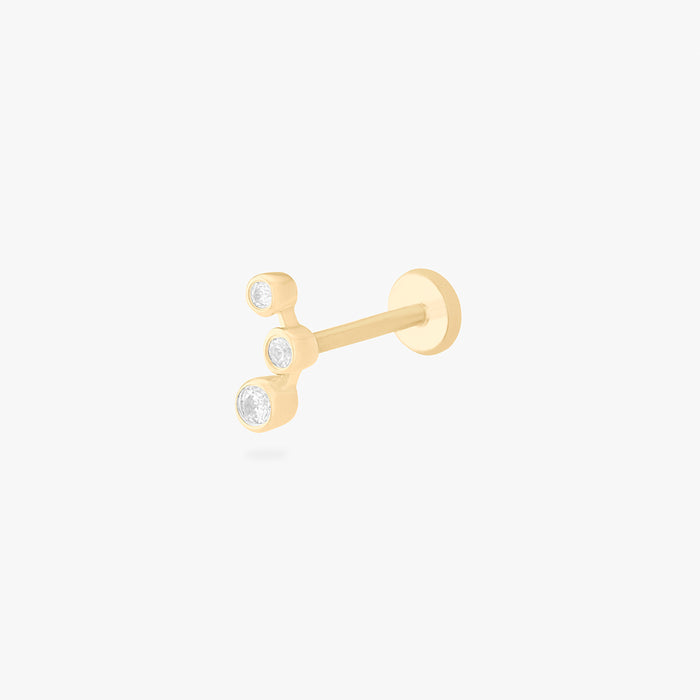 This is an image of a 14k gold flatback stud with 3 clear cz bezels in a cluster shape.