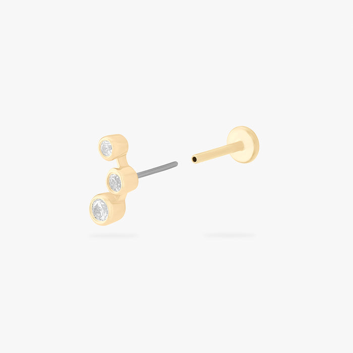 This is an image of a 14k gold flatback stud with 3 clear cz bezels in a cluster shape.