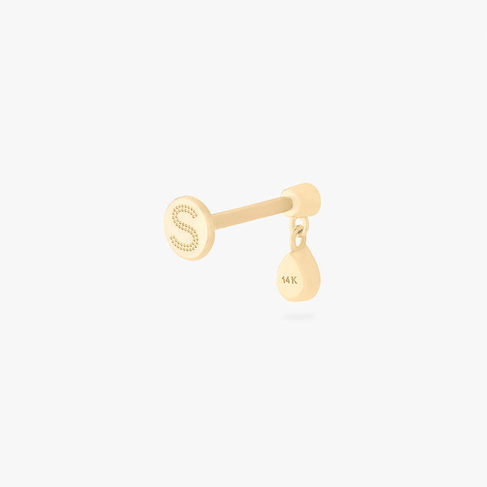 This is an image of a 14k gold flatback with a pear-shaped, bezel set clear cz stone dangling from another pear-shaped, bezel set clear cz stone. color:null|14k gold/clear