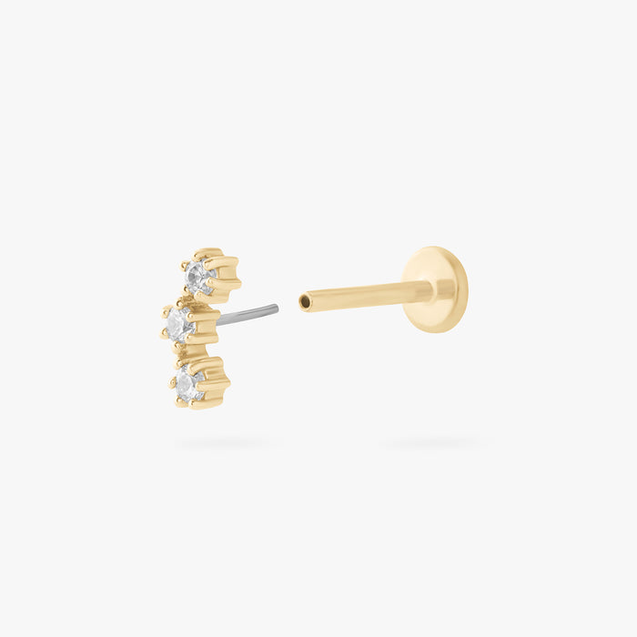 14k flatback stud with 3 clear cz stones in a cluster shape color:null|gold/clear