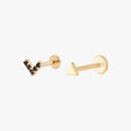 This image shows a 14k Yellow Gold stud set. The set includes a Gold V flatback stud with black cz stones and a Gold triangle flatback stud.