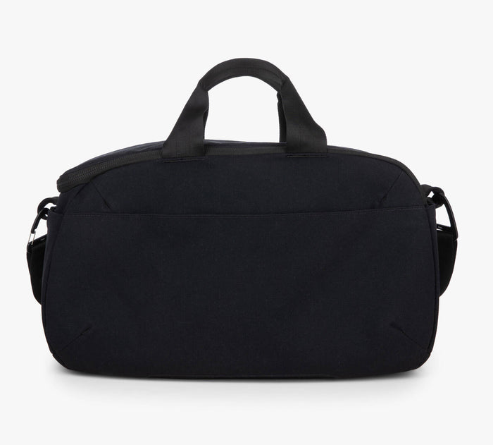 Small black travel duffel bag with top handles and detachable shoulder strap