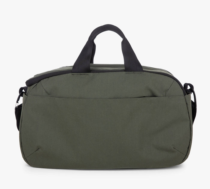 Olive-green duffel bag with black handles and front pocket, studio product shot on white background.