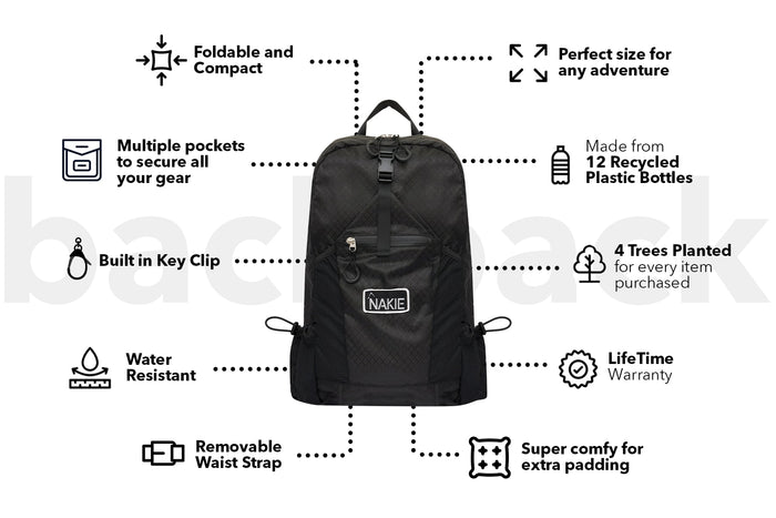 Black foldable backpack with multiple pockets, built-in key clip, and removable waist strap, front view