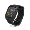 The Catalyst Case US 40mm Rugged Case + Band for Apple Watch Series 6/5/4/SE (Gen 2/1) in sleek black showcases the time, date, weather, and heart rate. It stands upright on a reflective surface with a scattered glass effect below.
