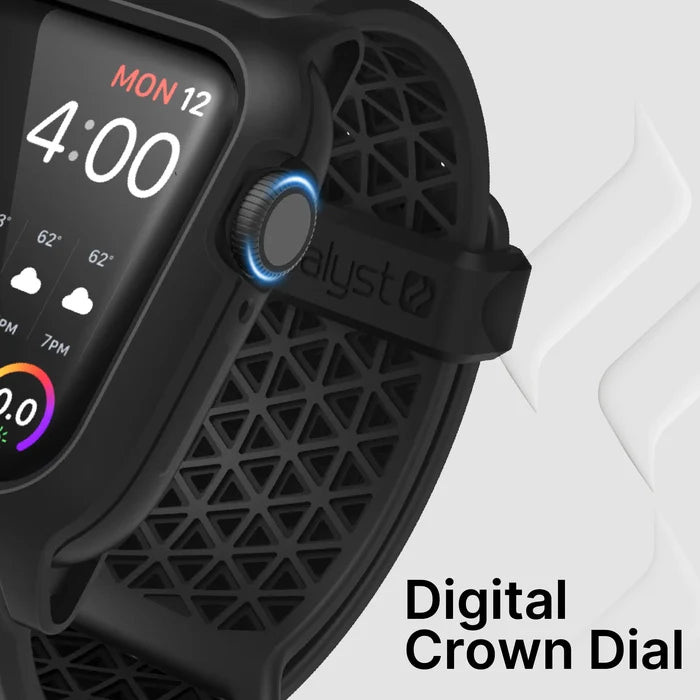 Close-up of Catalyst Case US 40mm Rugged Case + Band for Apple Watch Series 6/5/4/SE. The black case features a perforated strap, blue-lit digital crown, and a display showing time, weather icons, and date (MON 12) for easy navigation.