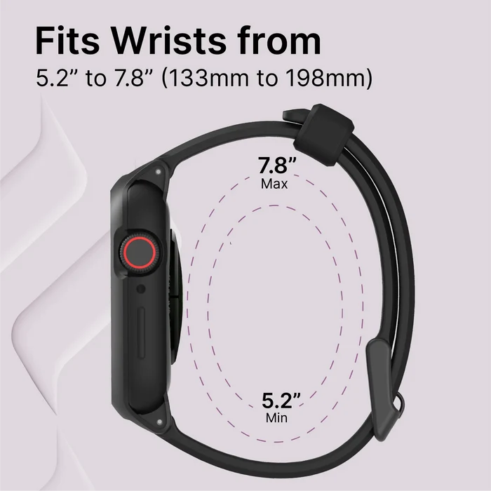 A black 40mm Catalyst Case US Rugged Case + Band for Apple Watch Series 6/5/4/SE is shown from the side with a red button. Purple dashed ovals highlight the strap fits wrists from 5.2" (133mm) to 7.8" (198mm).