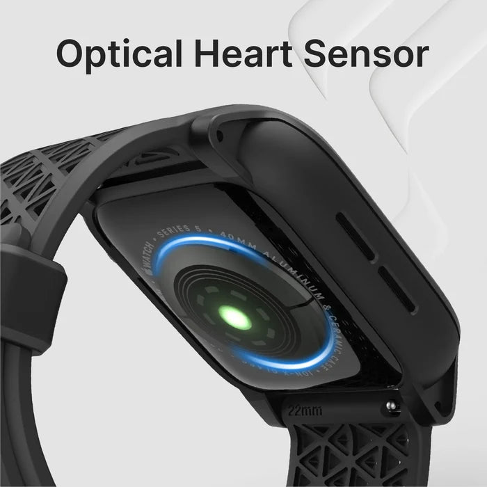 Close-up of the Catalyst Case US 40mm Rugged Case + Band for Apple Watch Series 6/5/4/SE, showing the glowing green optical heart sensor through the textured black band. ÃƒÂ¢Ã¢â€šÂ¬Ã…â€œOptical Heart SensorÃƒÂ¢Ã¢â€šÂ¬Ã‚Â is featured above, highlighting this advanced fitness feature.