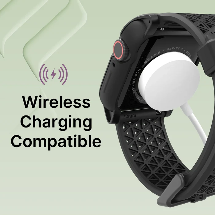 The Catalyst Case US 40mm Rugged Case + Band for Apple Watch Series 6/5/4/SE is shown in black, charging wirelessly via a magnetic charger. ÃƒÂ¢Ã¢â€šÂ¬Ã…â€œWireless Charging Compatible, SureÃƒÂ¢Ã¢â€šÂ¬Ã‚Â and a purple wireless icon appear on a light green geometric background.