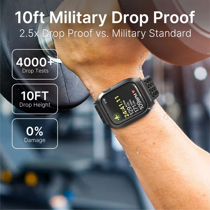 A person lifts a dumbbell wearing the Catalyst Case US 41mm Rugged Case + Band for Apple Watch Series 9/8/7, featuring a black band, fitness display, and highlighted 10ft Military Drop Proof durability.