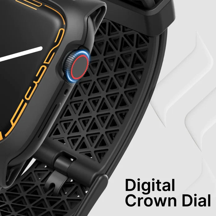 Close-up of the Catalyst Case US 41mm Rugged Case + Band for Apple Watch Series 9/8/7 in black with orange accents, featuring a blue and red digital crown dial, displayed on a textured, geometric-patterned black surface.