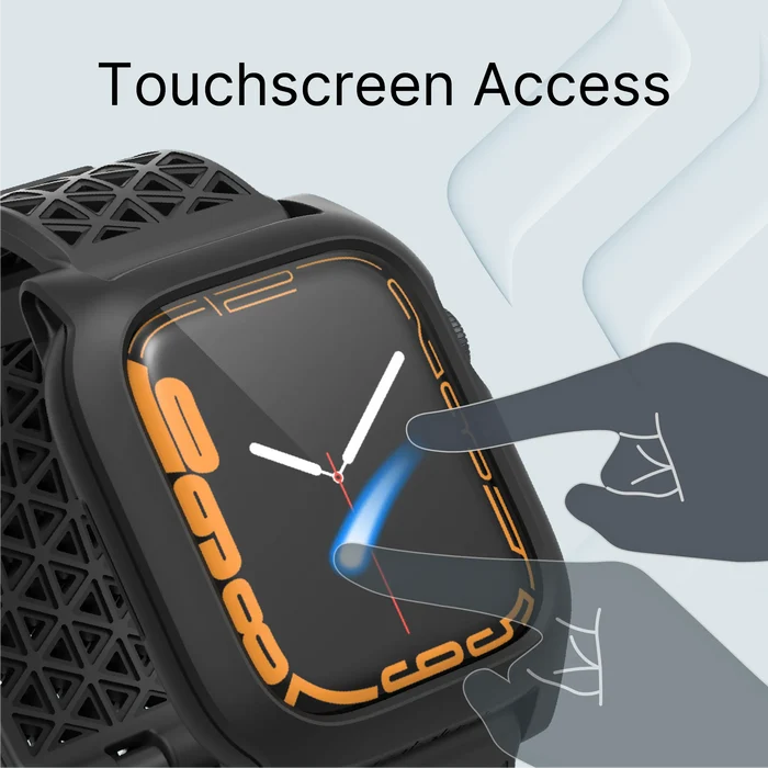 A close-up of the Catalyst Case US 41mm Rugged Case + Band for Apple Watch Series 9/8/7 in black shows a touchscreen display with an orange border and a hand illustration, with ÃƒÂ¢Ã¢â€šÂ¬Ã…â€œTouchscreen AccessÃƒÂ¢Ã¢â€šÂ¬Ã‚Â displayed above.