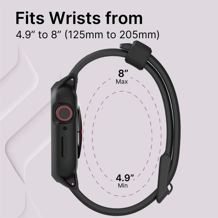 The Catalyst Case US 41mm Rugged Case + Band for Apple Watch Series 9/8/7 is shown with a black sport band, fitting wrists from 4.9'' to 8'' (125mmÃƒÂ¢Ã¢â€šÂ¬Ã¢â‚¬Å“205mm), illustrated by the looped band for min and max wrist sizes.