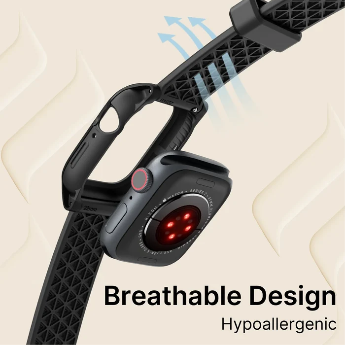 The Catalyst Case US 41mm Rugged Case + Band for Apple Watch Series 9/8/7 is shown in black with a perforated, textured band. Blue arrows highlight the bandÃƒÂ¢Ã¢â€šÂ¬Ã¢â€žÂ¢s breathable and hypoallergenic comfort.