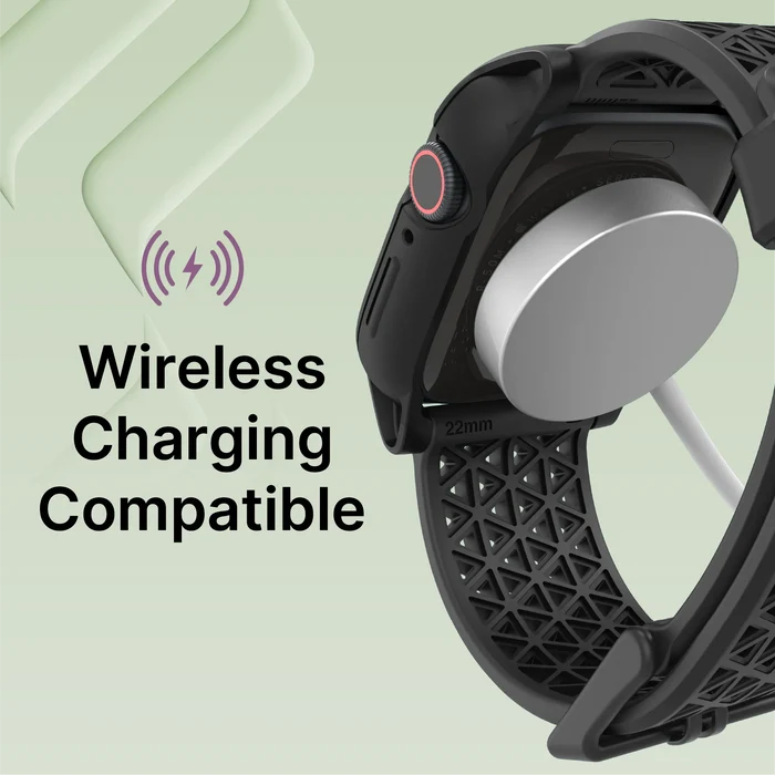 A Catalyst Case US 41mm - Rugged Case + Band for Apple Watch Series 9/8/7 in black is wirelessly charged on a magnetic charger. The light green background with abstract shapes features ÃƒÂ¢Ã¢â€šÂ¬Ã…â€œWireless Charging Compatible smartwatchÃƒÂ¢Ã¢â€šÂ¬Ã‚Â text and a purple icon.