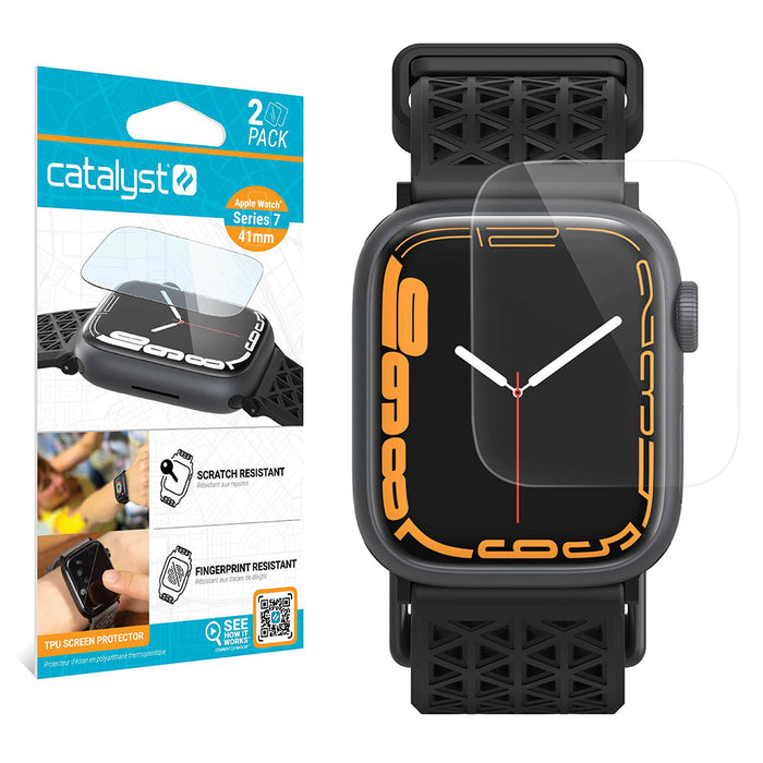 The image shows Catalyst Case US 41mm Screen Protector (2 pack, Clear) for Apple Watch Series 9/8/7. The packaging highlights features, while a black Apple Watch displays an orange digital face with a clear protector partially applied.