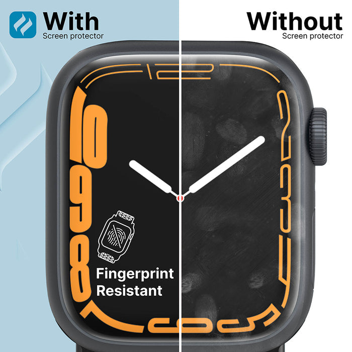 A 45mm Apple Watch with the Catalyst Case US Screen Protector (2 pack) on the left shows a clean, fingerprint-resistant display, while the right side without the protector is smudged with fingerprints.