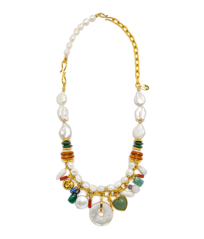 4.75" Pearl Extender. Gold-plated brass chain with pearls and S-hook, attached to statement necklace.