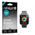 The image displays Catalyst Case US 42mm Clear Screen Protector (3-pack) for Apple Watch Series 3/2/1/0 beside a watch with fitness rings. Two clear protectors overlap the screen. Packaging highlights scratch resistance, fingerprint-free, and 3D touch.