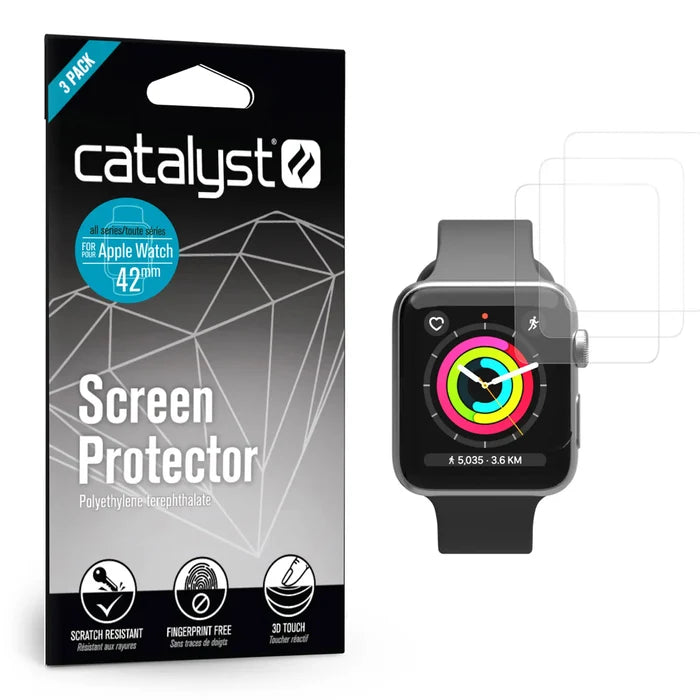 The image displays Catalyst Case US 42mm Clear Screen Protector (3-pack) for Apple Watch Series 3/2/1/0 beside a watch with fitness rings. Two clear protectors overlap the screen. Packaging highlights scratch resistance, fingerprint-free, and 3D touch.