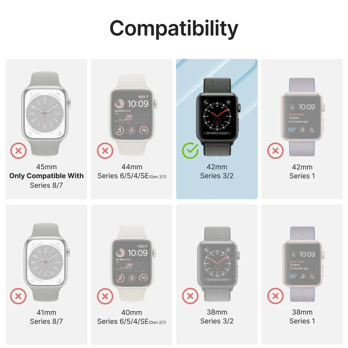 Only the 42mm Apple Watch (Series 3/2/1/0) is compatible with the Catalyst Case US Screen Protector. Other models, including Series 7/8, Series 6/5/4/SE, Series 1, and all 38mm watches, are not supported.