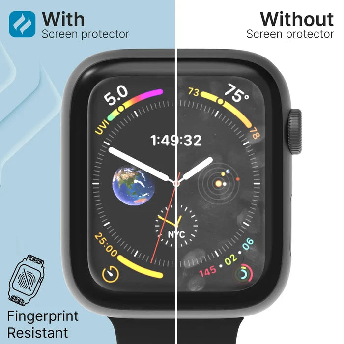 A 42mm Catalyst Case US Screen Protector for Apple Watch Series 3/2/1/0 keeps your watch face clear—left side "With Screen Protector" looks spotless, while the right "Without" is covered in smudges. Fingerprint resistant.