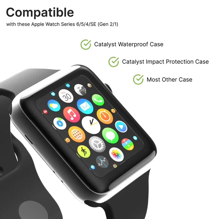 A close-up of a 42mm Catalyst Case US Screen Protector for Apple Watch Series 3/2/1/0. Top text reads: "Compatible with Apple Watch Series 3/2/1/0." Checklist shows compatibility with Catalyst Waterproof, Impact Protection, and most cases.