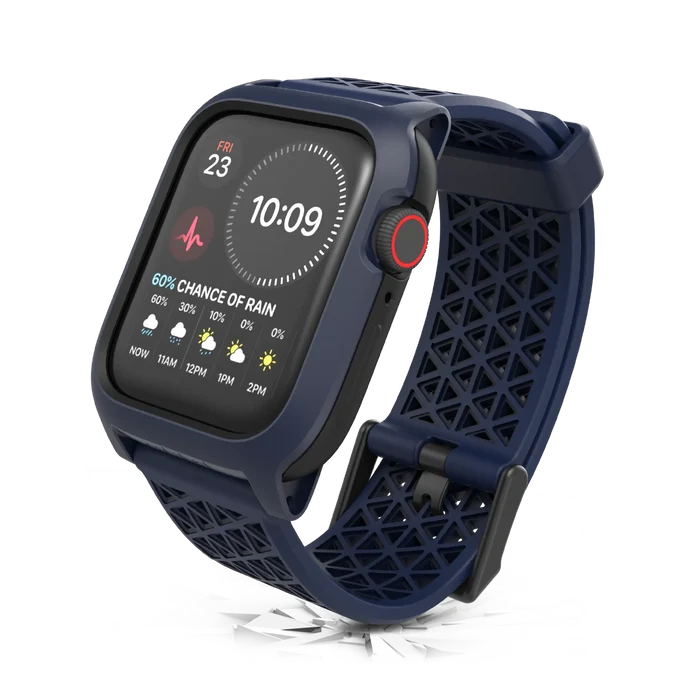 The Catalyst Case US 44mm Rugged Case + Band for Apple Watch Series 6/5/4/SE (Gen 2/1) features a blue, textured band and angled display showing time (10:09), date (Fri 23), heart rate, weather with rain chance, plus a red-accented side button.