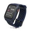The Catalyst Case US 44mm Rugged Case + Band for Apple Watch Series 6/5/4/SE (Gen 2/1) features a blue, textured band and angled display showing time (10:09), date (Fri 23), heart rate, weather with rain chance, plus a red-accented side button.