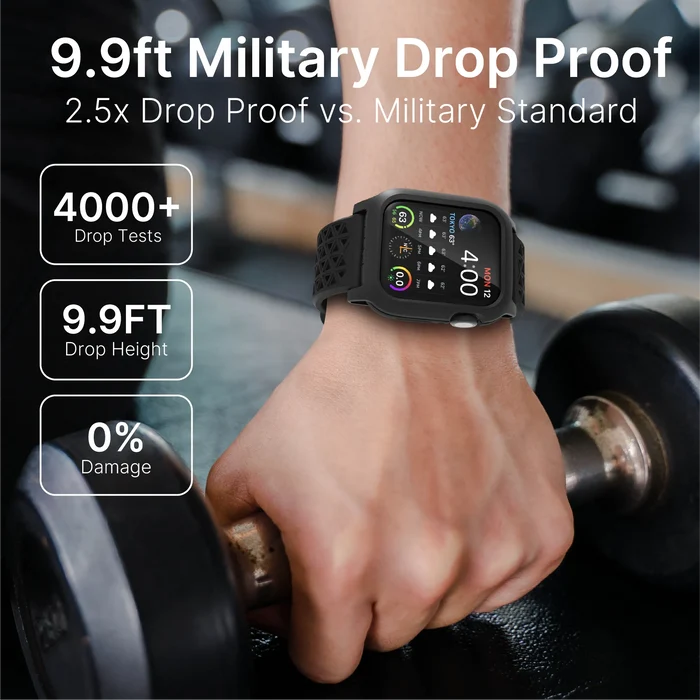 A hand grips a dumbbell, wearing the Catalyst Case US 44mm Rugged Case + Band for Apple Watch Series 6/5/4/SE. Text highlights its 9.9ft military drop-proof standard, over 4000 drop tests, and zero damage. Gym background is blurred to show durability.