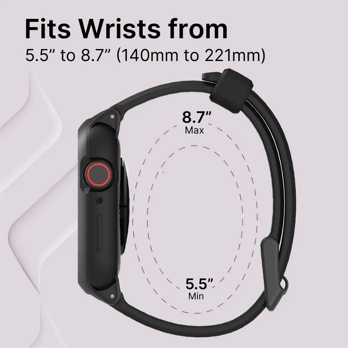 The Catalyst Case US 44mm Rugged Case + Band for Apple Watch Series 6/5/4/SE (Gen 2/1) is shown from the side with a black silicone strap. Text above reads, "Fits Wrists from 5.5ÃƒÂ¢Ã¢â€šÂ¬Ã‚Â to 8.7ÃƒÂ¢Ã¢â€šÂ¬Ã‚Â (140mm to 221mm)." Dotted ovals mark "5.5ÃƒÂ¢Ã¢â€šÂ¬Ã‚Â Min" and "8.7ÃƒÂ¢Ã¢â€šÂ¬Ã‚Â Max.
