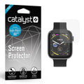 The image displays Catalyst Case US 44mm Screen Protector (2 Pack) for Apple Watch Series 6/5/4/SE (Gen 2/1), highlighting scratch resistance, fingerprint-free use, and 3D touch. Beside the box is an Apple Watch with a black band and protector partly applied.