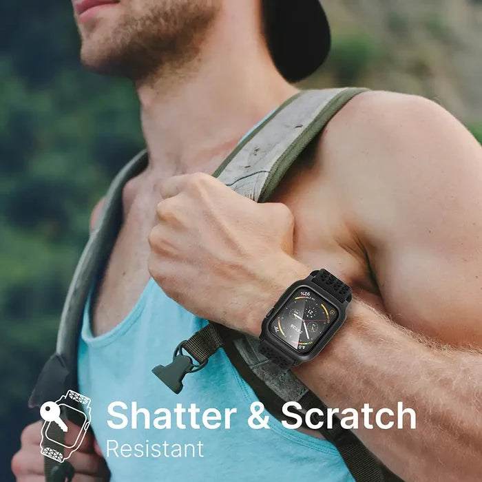 A man outdoors with a backpack and sleeveless shirt gazes ahead, wearing a rugged Apple Watch fitted with the Catalyst Case US 44mm Screen Protector (2 Pack) for Series 6/5/4/SE. Text reads “Shatter & Scratch Resistant” with a watch icon.