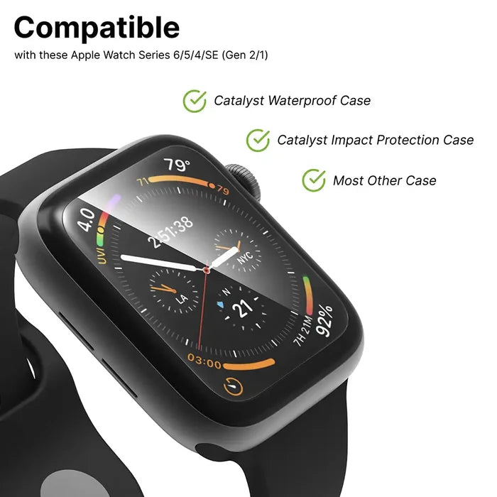 Close-up of a Catalyst Case US 44mm Screen Protector (2 Pack) on a black Apple Watch with an analog face. Compatible with Series 6/5/4/SE (Gen 2/1) and works with waterproof, impact protection, and most other cases.