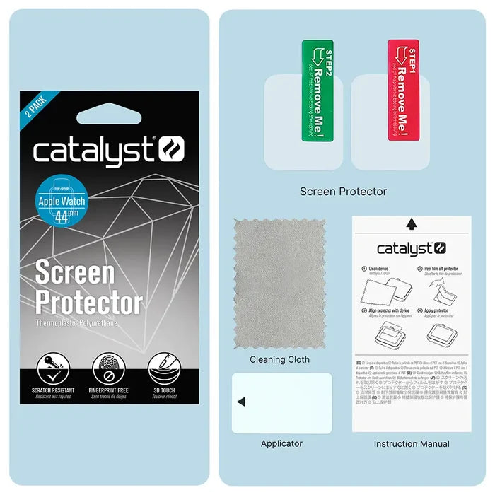 The Catalyst Case US 44mm Screen Protector (2 Pack) for Apple Watch Series 6/5/4/SE (Gen 2/1) includes packaging, two protectors with colored tabs, a gray cleaning cloth, a white applicator card, and an instruction manual on a blue background.