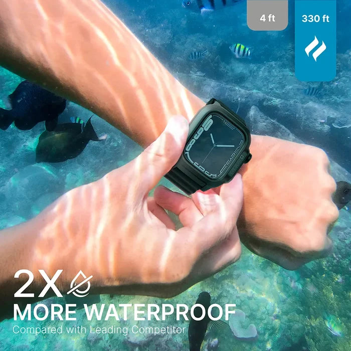 A swimmer adjusts a black Catalyst Case US 45mm - 330ft Waterproof Case + Band for Apple Watch Series 9/8/7 as vibrant fish pass in clear water. Sunlight dances while text reads ÃƒÂ¢Ã¢â€šÂ¬Ã…â€œ2X MORE WATERPROOF,ÃƒÂ¢Ã¢â€šÂ¬Ã‚Â ÃƒÂ¢Ã¢â€šÂ¬Ã…â€œ4 ft vs 330 ft,ÃƒÂ¢Ã¢â€šÂ¬Ã‚Â ÃƒÂ¢Ã¢â€šÂ¬Ã…â€œCompared with Leading Competitor.ÃƒÂ¢Ã¢â€šÂ¬Ã‚Â.