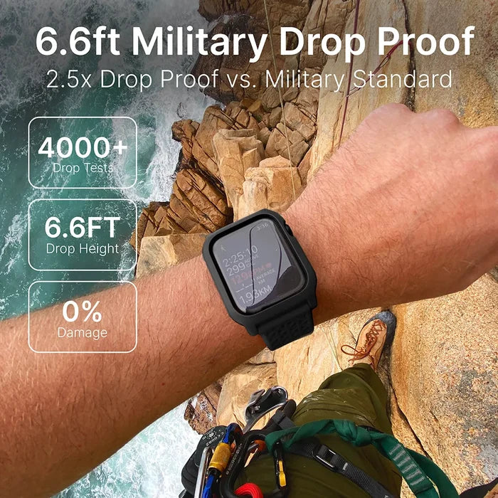 A close-up of a climberÃƒÂ¢Ã¢â€šÂ¬Ã¢â€žÂ¢s arm wearing the Catalyst Case US 45mm - 330ft Waterproof Case + Band for Apple Watch Series 9/8/7, highlighting its rugged design and 6.6ft military drop proof protection with 4000+ drop tests for ultimate durability.