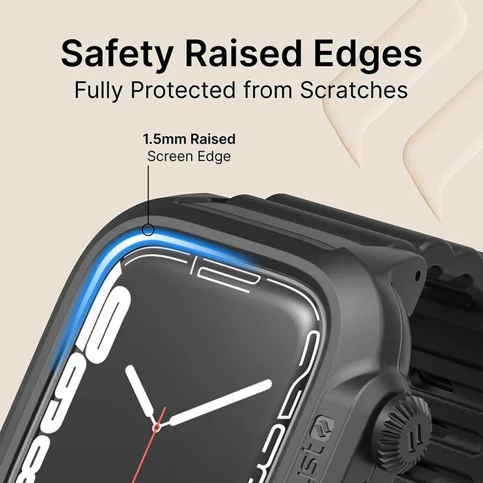 Close-up of the Catalyst Case US 45mm - 330ft Waterproof Case + Band for Apple Watch Series 9/8/7, showing black case with 1.5mm raised edges. Text: "Safety Raised Edges, Fully Protected from Scratches.