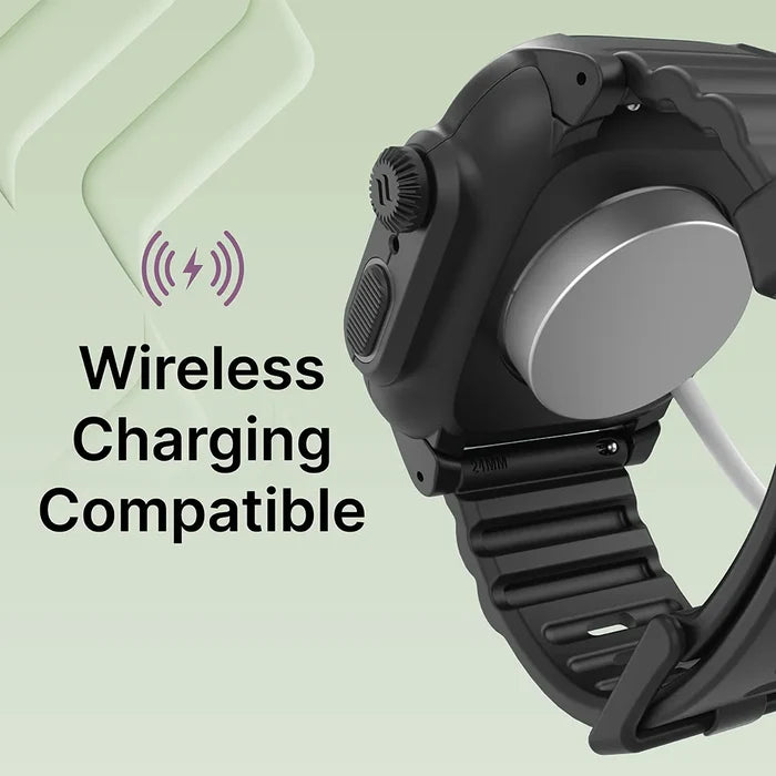 Side view of the Catalyst Case US 45mm - 330ft Waterproof Case + Band for Apple Watch Series 9/8/7 in black, shown on a light green background with a magnetic charging cable attached.