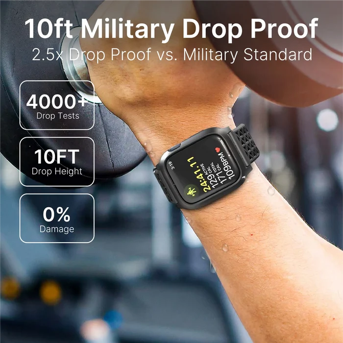Close-up of a person lifting a dumbbell, wearing the Catalyst Case US 45mm Rugged Case + Band for Apple Watch Series 9/8/7. Text: ÃƒÂ¢Ã¢â€šÂ¬Ã…â€œ10ft Military Drop ProofÃƒÂ¢Ã¢â€šÂ¬Ã¢â‚¬Â2.5x stronger than military standard.ÃƒÂ¢Ã¢â€šÂ¬Ã‚Â.