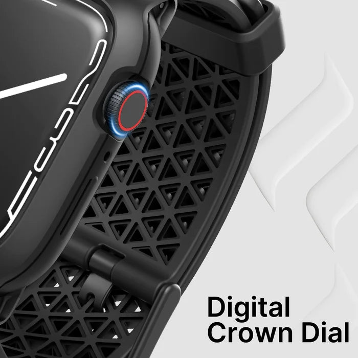 Close-up of Catalyst Case US 45mm Rugged Case + Band for Apple Watch Series 9/8/7, black with a red-ringed digital crown dial and a geometric triangular cutout band. ÃƒÂ¢Ã¢â€šÂ¬Ã…â€œDigital Crown DialÃƒÂ¢Ã¢â€šÂ¬Ã‚Â text appears in white on a light gray background.