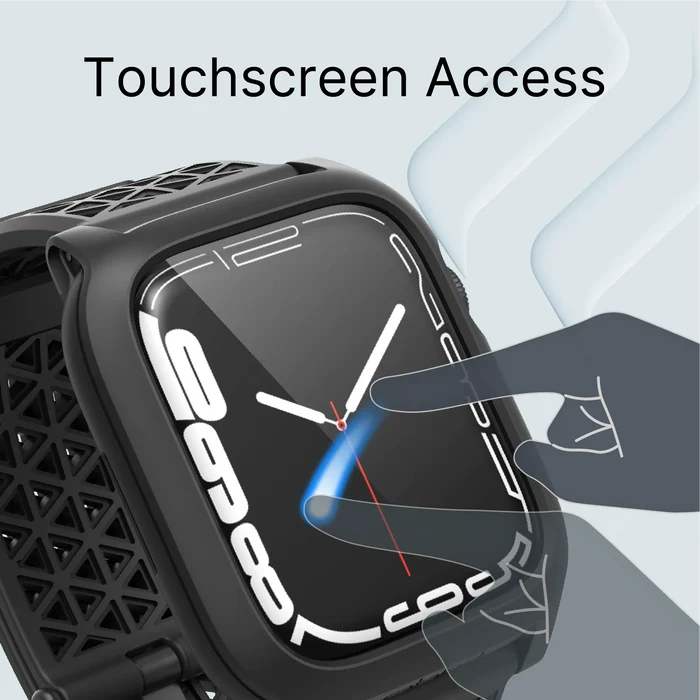 A close-up of the Catalyst Case US 45mm Rugged Case + Band for Apple Watch Series 9/8/7, featuring a black strap. A semi-transparent hand icon touches the screen, highlighting easy touchscreen access with ÃƒÂ¢Ã¢â€šÂ¬Ã…â€œTouchscreen AccessÃƒÂ¢Ã¢â€šÂ¬Ã‚Â above.