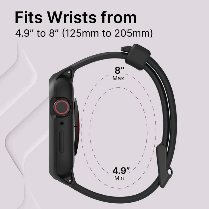 A Catalyst Case US 45mm Rugged Case + Band for Apple Watch Series 9/8/7 in black is shown from the side, fitting wrists sized 4.9" to 8" (125ÃƒÂ¢Ã¢â€šÂ¬Ã¢â‚¬Å“205mm) against a light purple background.