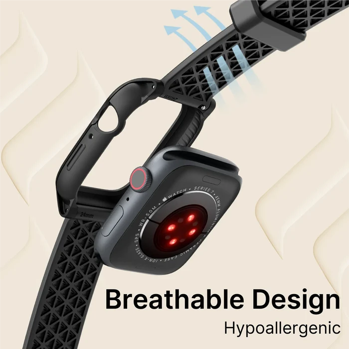 The Catalyst Case US 45mm Rugged Case + Band for Apple Watch Series 9/8/7 in black features a textured, ventilated band, shown from the back with glowing red heart sensors and blue arrows illustrating airflow through the band.