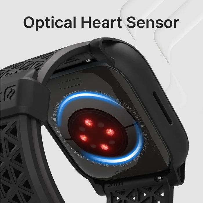 Close-up of the back of a Catalyst Case US 45mm Rugged Case + Band for Apple Watch Series 9/8/7 in black, featuring a patterned band and illuminated optical heart sensor with red lights.