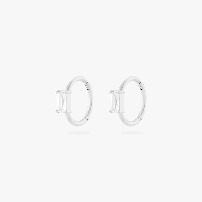 silver clicker with cz baguette stone in 8mm [pair] color:null|silver